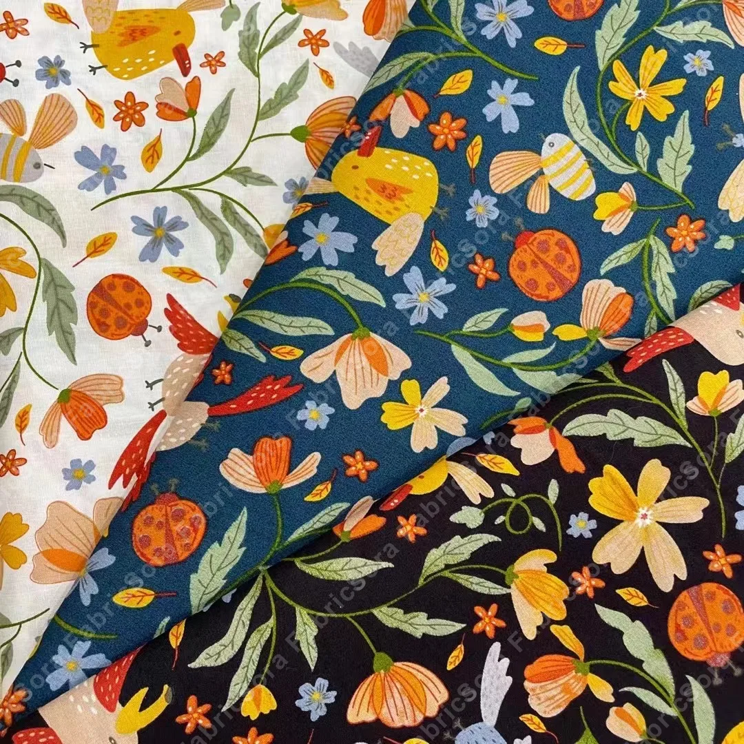 Midnight blue cotton poplin fabric with bird motif