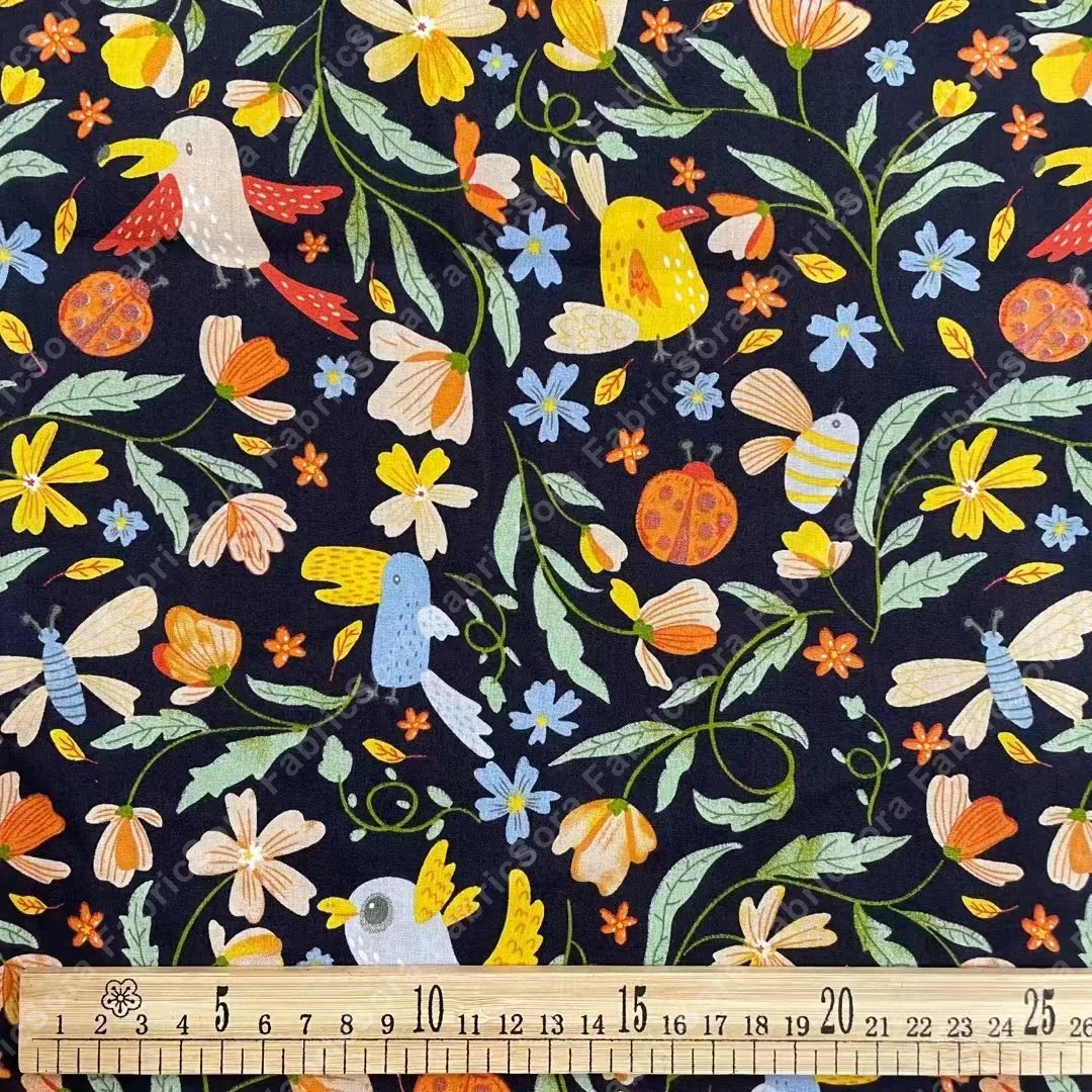 Black ground whimsical cotton poplin for home textiles