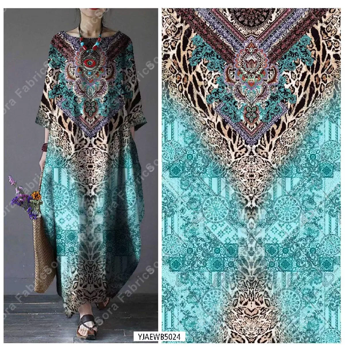 Ethnic kaftan print rayon fabric with ornate border design