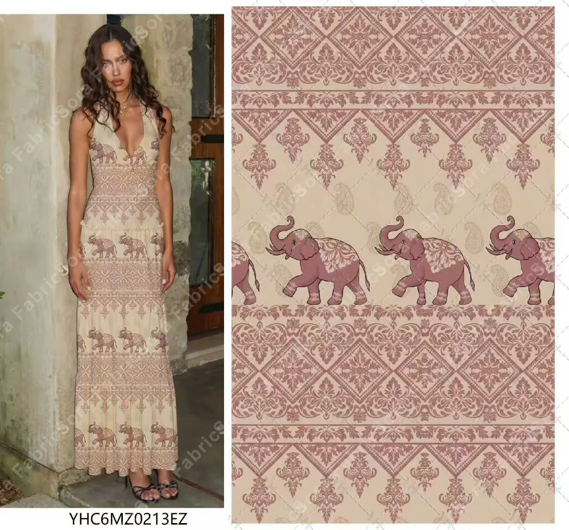 Kaftan print rayon fabric showing full garment drape