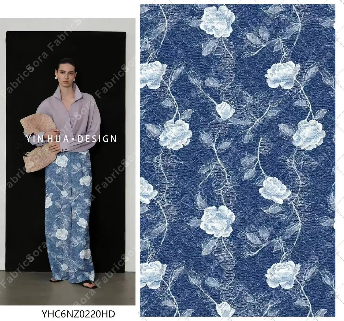 Tela rayon viscose look denim rosas con florales blancos