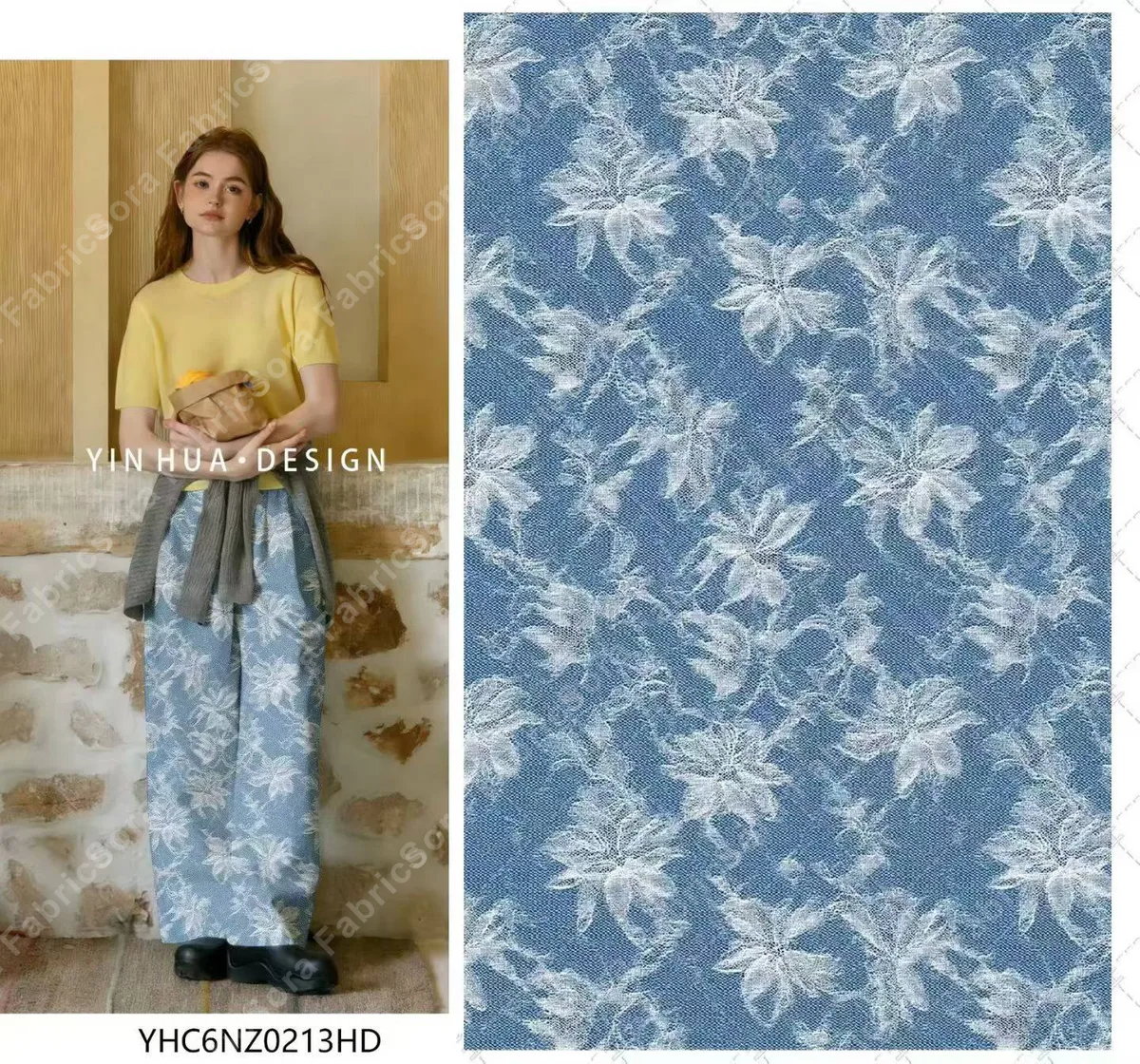 Tırmanıcı gül sarmaşıklı mavi denim baskılı rayon kumaş