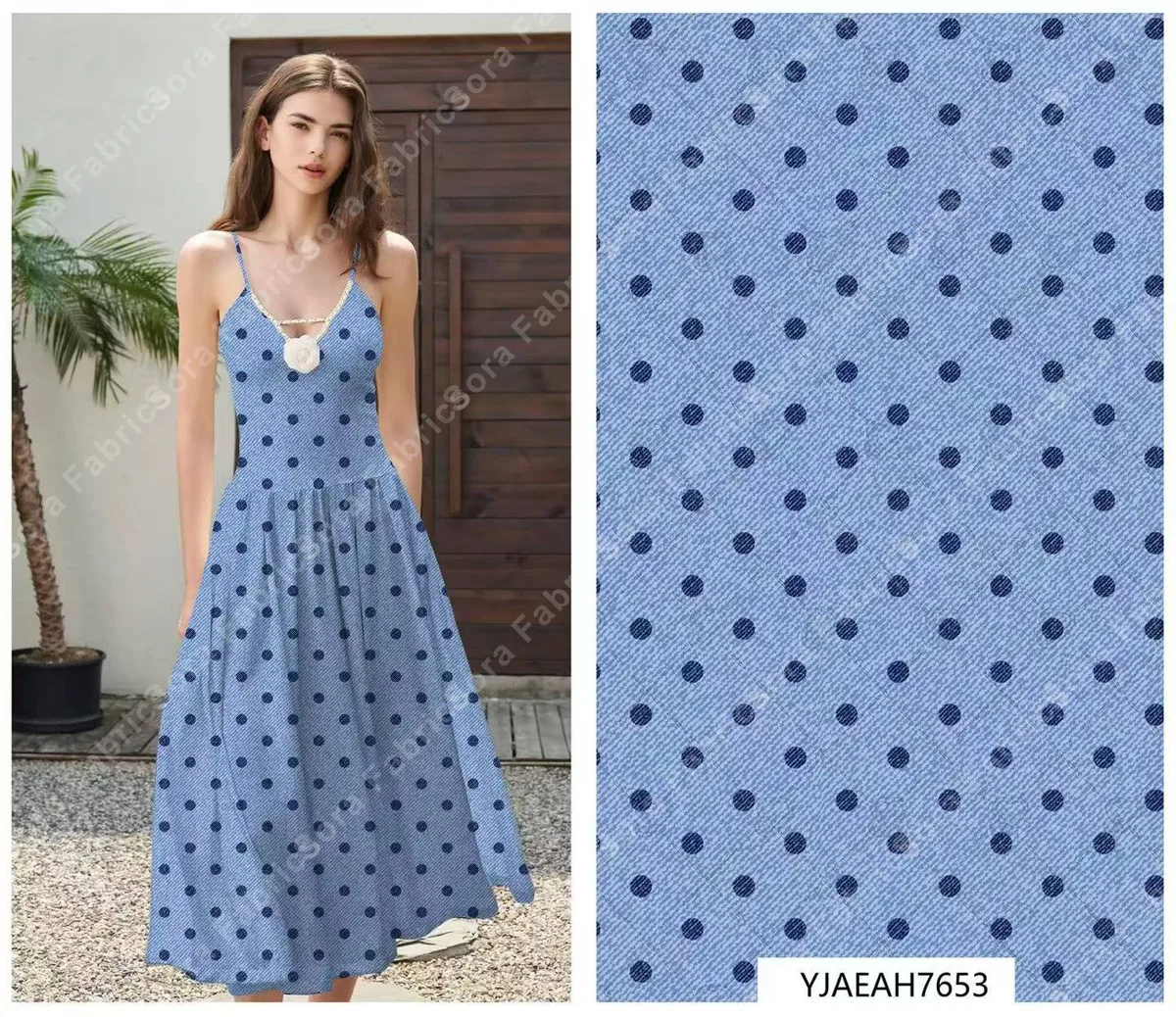 Denim mavisi rayon kumaşta beyaz gül yakın çekim