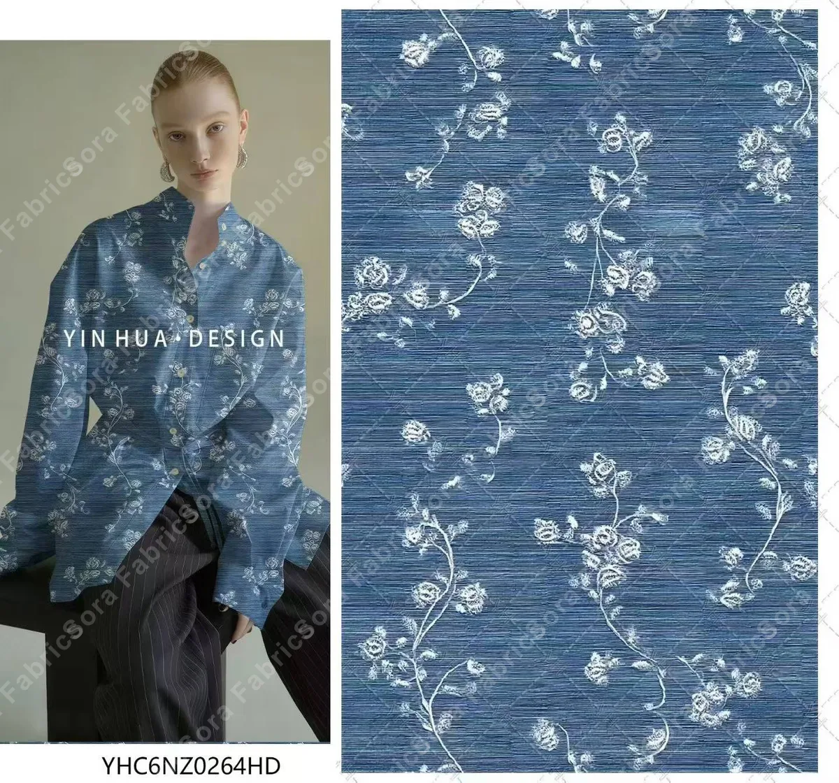 Çivit mavisinde gül baskılı rayon viscose