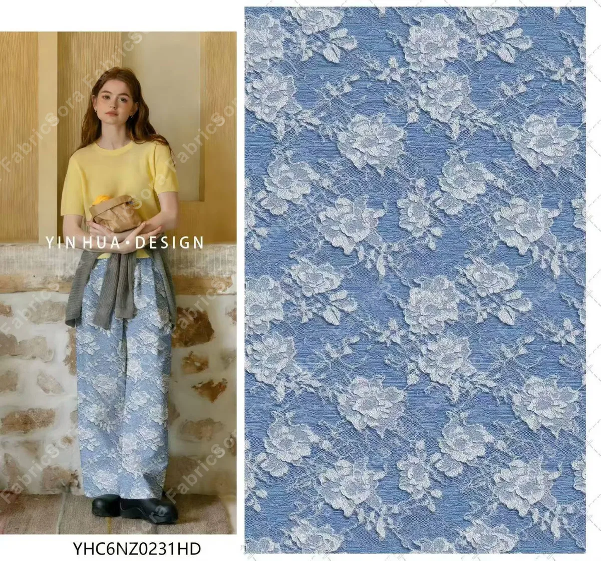 Etek ve bluz için toplu çiçekli denim rayon