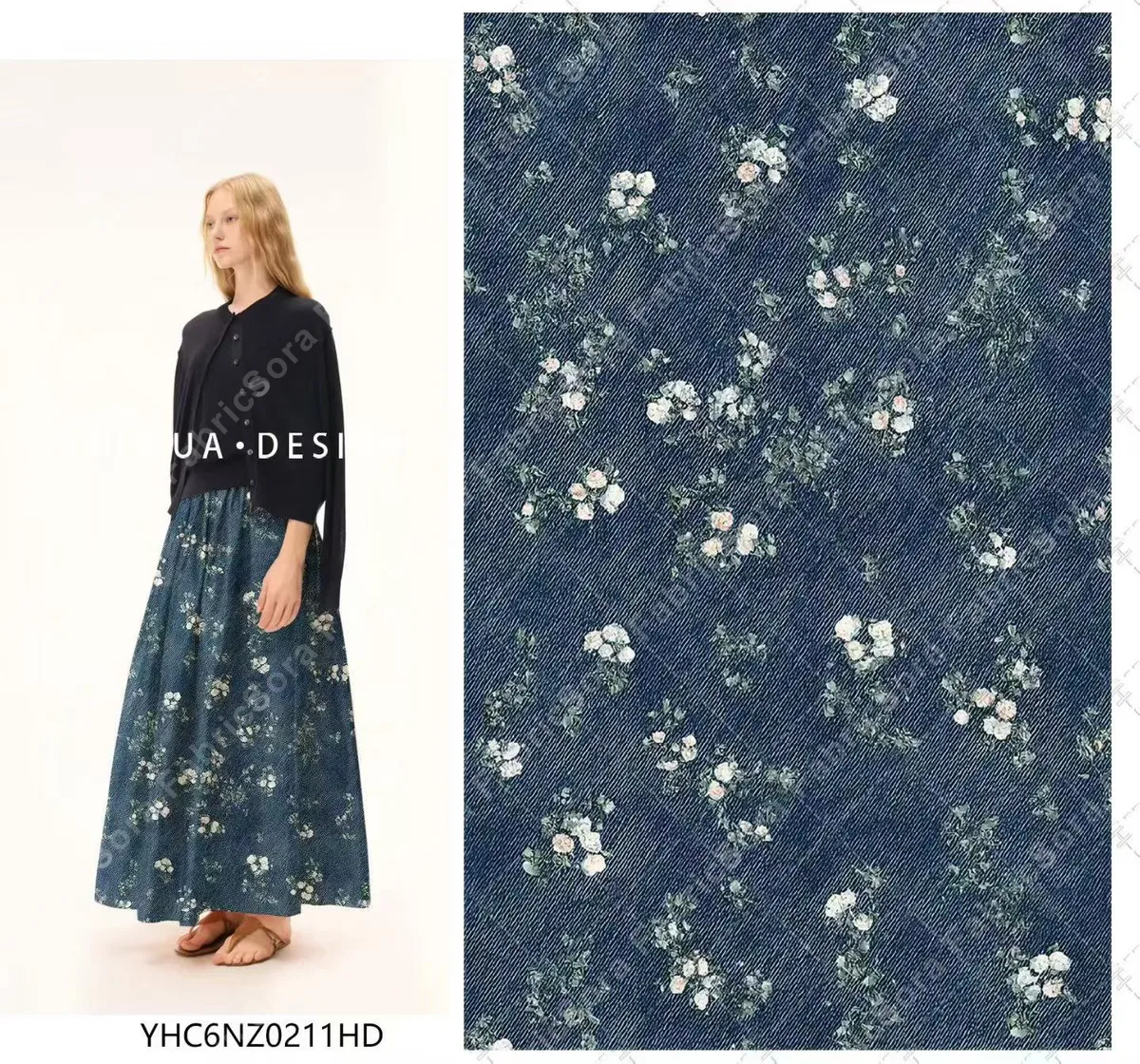 Denim görünümlü ve beyaz güllü hafif rayon kumaş