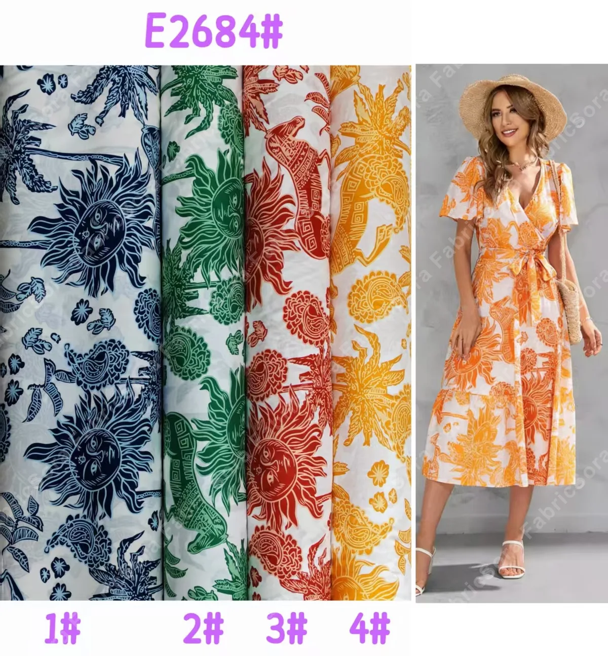 Tela rayon floral statement en tonos cálidos