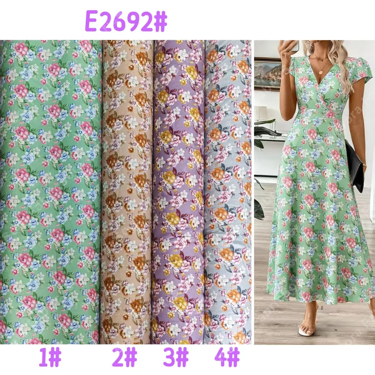 Medium floral print rayon fabric with balanced botanical design