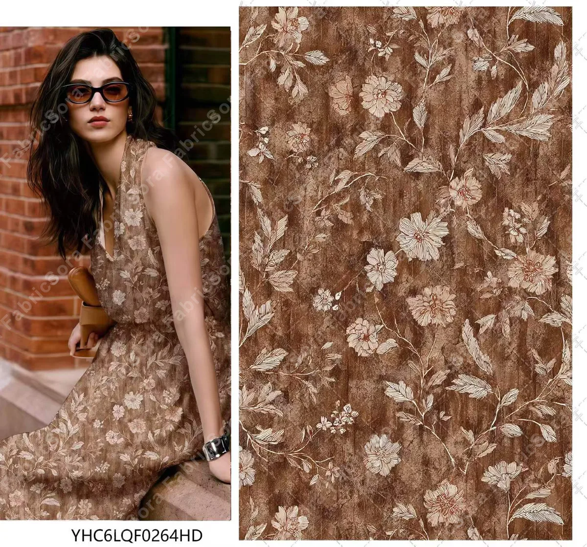 Tela rayon viscose floral vintage moca en café