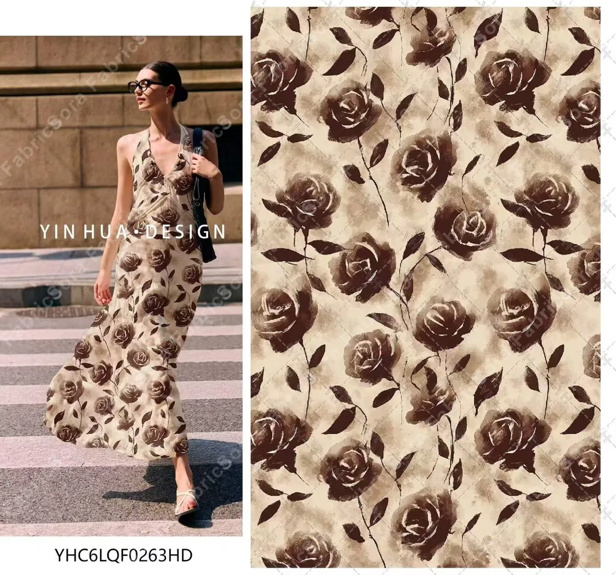 Rayon marfil sobre moca floral para vestido A-line