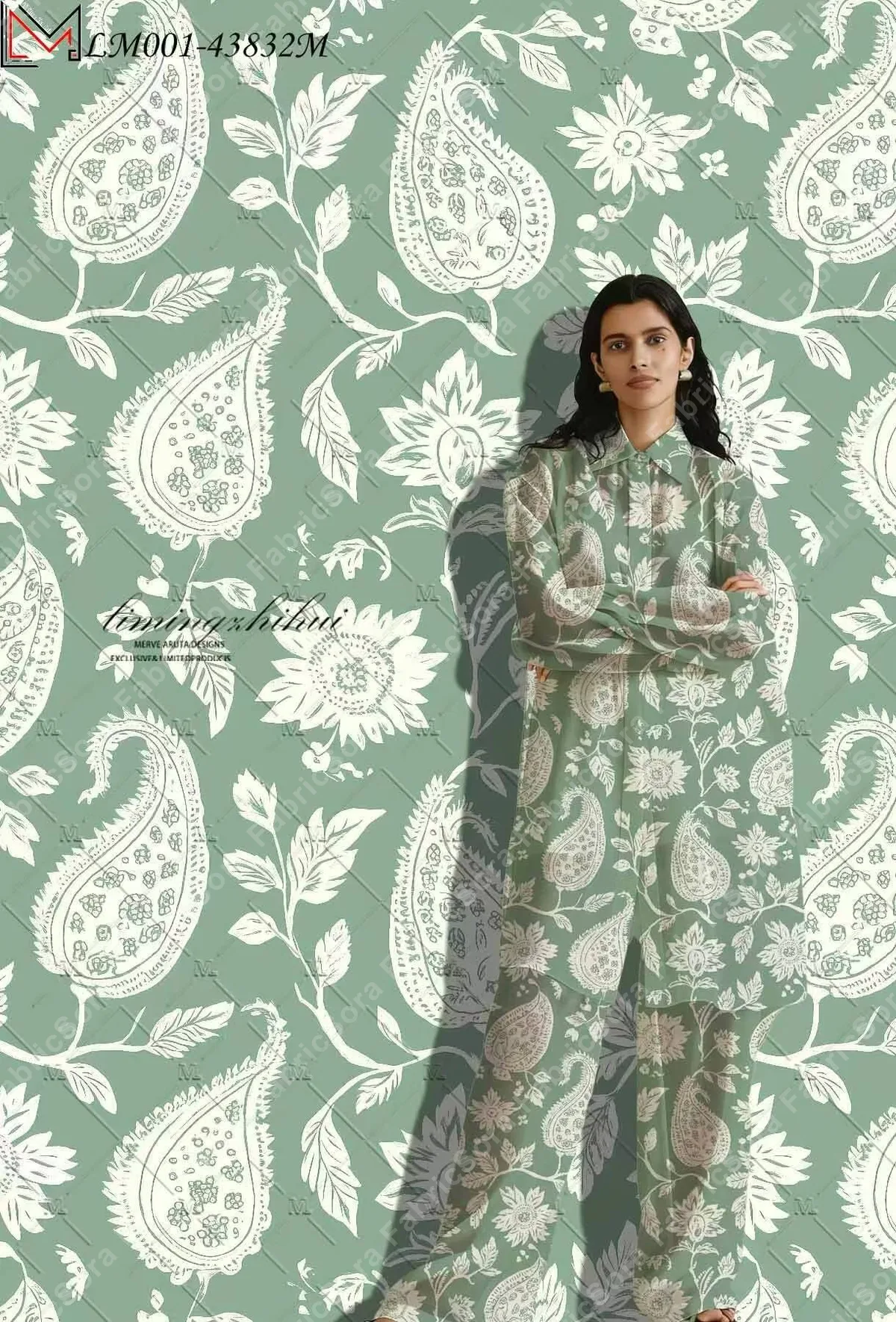 Tela rayon viscose paisley menta con motivo gota blanco hueso