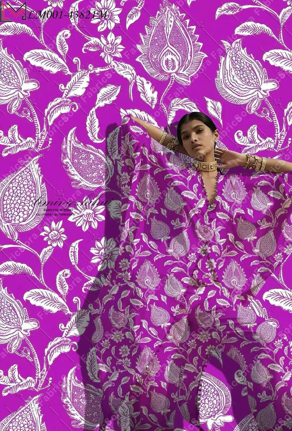Tela rayon viscose botánico persa magenta para kaftan
