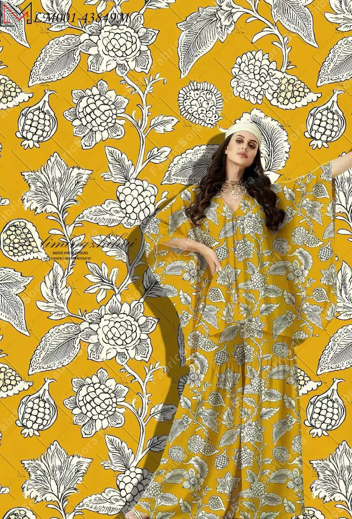 Tela rayon viscose botánico persa amarillo para kaftan